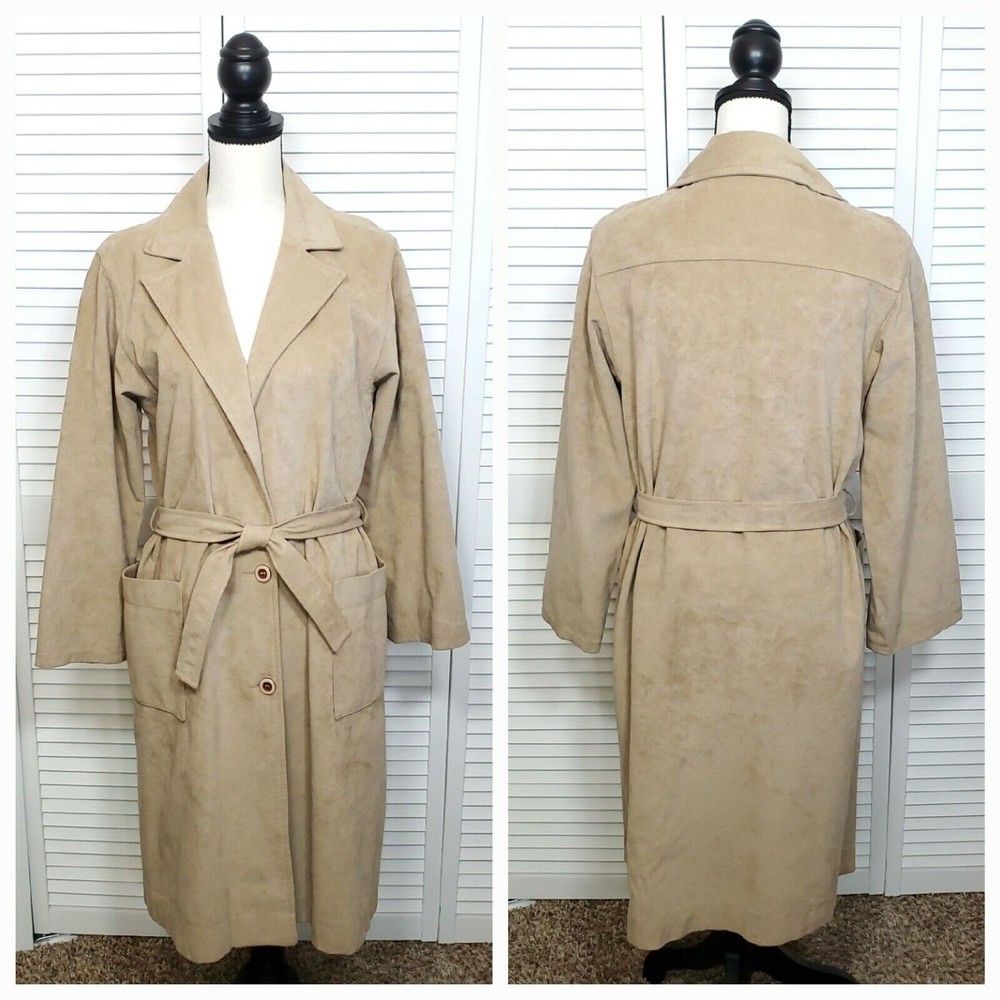 70s Samuel Robert by Peter Hatsi Androu Trench Coat Faux Vegan Suede Camel Sz 10